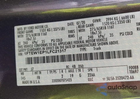 2020 Ford F-150 Xlt из США, поврежденный, VIN 1FTEW1EP1LFC21317